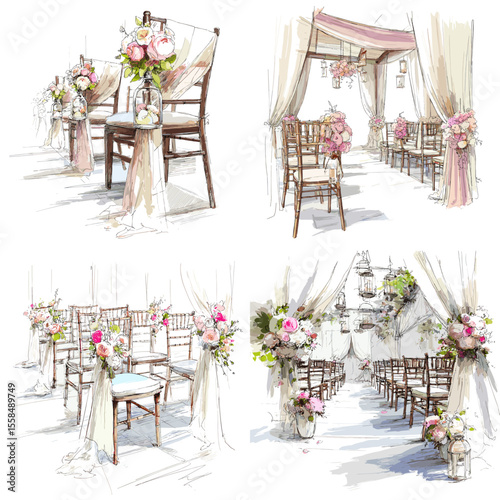 Watercolor illustrations of beautifully decorated wedding chairs and floral aisle settings. Ideal for bridal themes, wedding planning visuals, and romantic event design.

