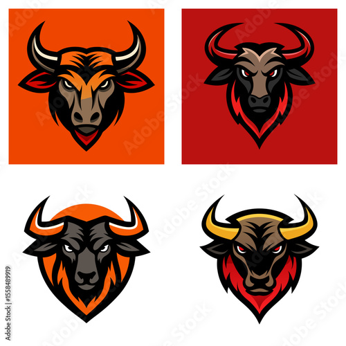 Four bull head illustrations with different color schemes and background variations shown here together