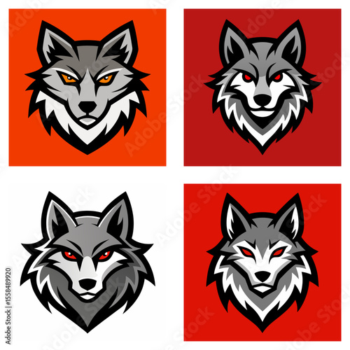 Four wolf head illustrations in different color schemes on square backgrounds are displayed here