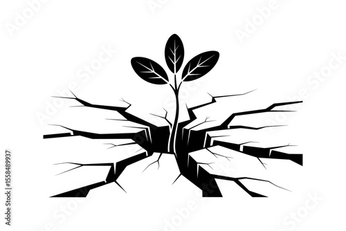 Growth through adversity plant breaking through cracked ground vector illustration