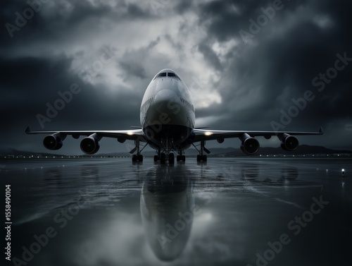 Avión comercial en pista bajo cielo tormentoso, Aeronave jumbo jet lista para despegar en clima lluvioso, Imagen dramática de avión de pasajeros en aeropuerto, Fotografía frontal de avión grande
