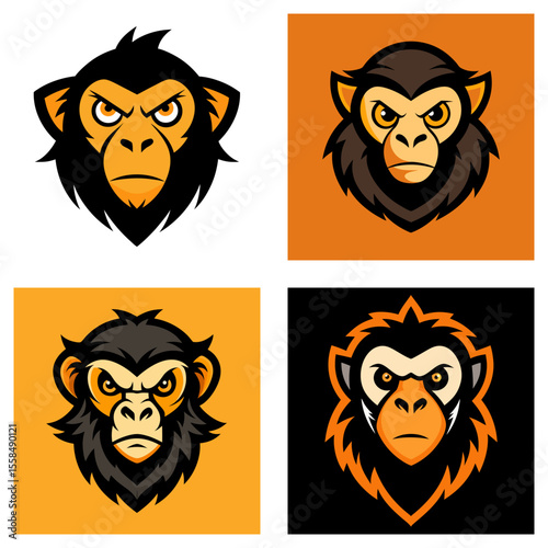 Collection of four stylized monkey head illustrations with varying backgrounds and color schemes