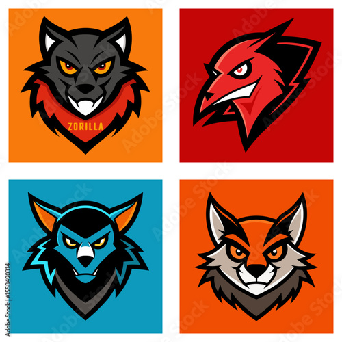 Illustration of four animal mascot heads including a wolf, devil, werewolf, and fox on colorful squares