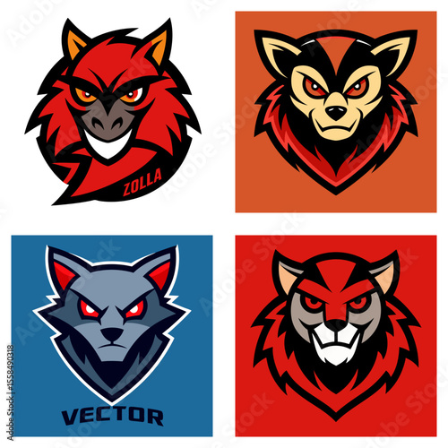 Four square animal mascot logos with different color schemes and unique design elements shown here