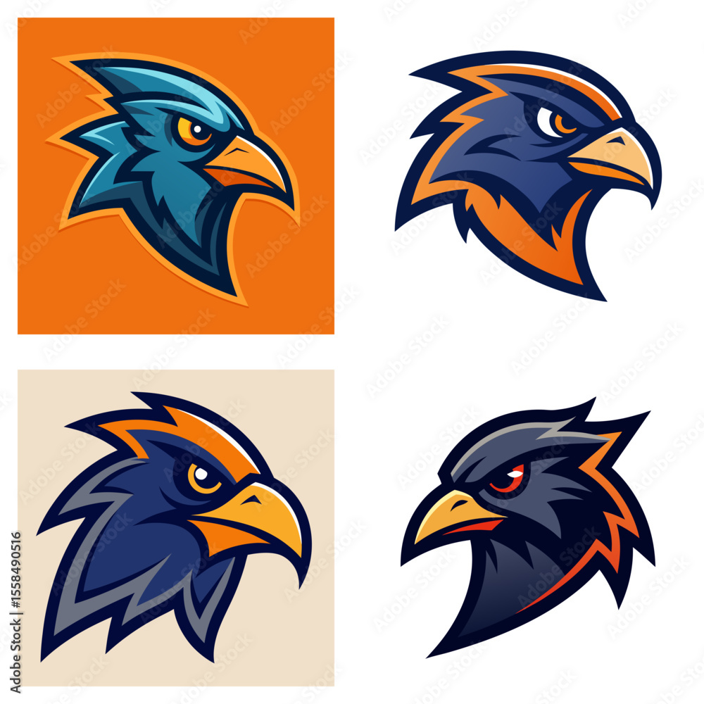 Fototapeta premium Illustrations showing four stylized eagle head logos with varying color palettes and backgrounds