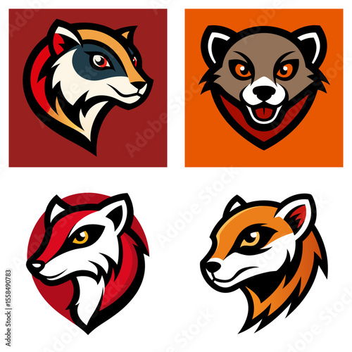 Four stylized animal head illustrations with different color schemes and background shapes shown