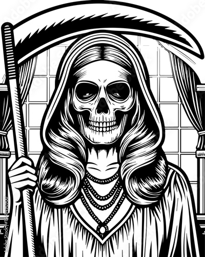 SVG of a female grim reaper with a haunting skull design. Vintage Grim Reaper Illustration in Black and White Style