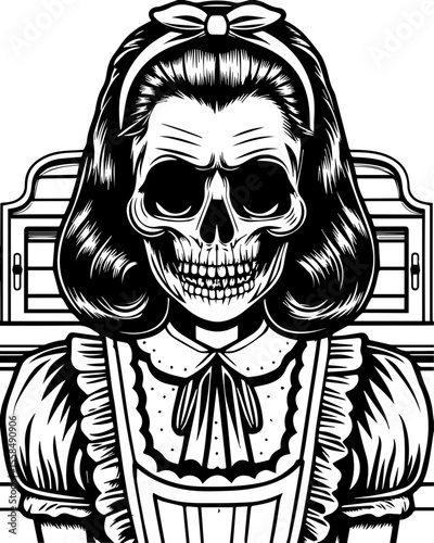 SVG of a female grim reaper with a haunting skull design. Vintage Style Illustration of a Skull Girl in Black and White
