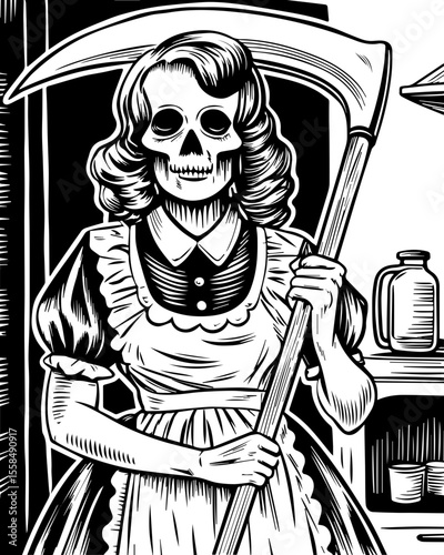 SVG of a female grim reaper with a haunting skull design. Vintage Style Illustration of a Skull Figure with Scythe in Kitchen