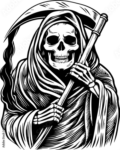 SVG of a female grim reaper with a haunting skull design. Vintage Grim Reaper Illustration in Classic Artistic Style