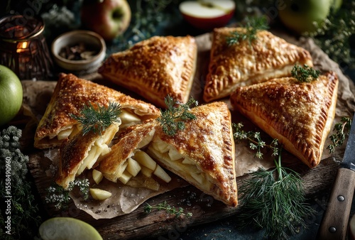 Delicious Golden Apple Pastries with Flaky Crust on Rustic Wooden Board Surrounded by Fresh Green Apples and Herbs for Cozy Fall Dessert Concept