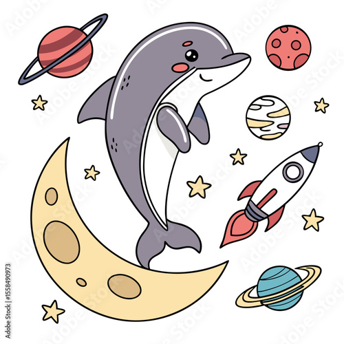 Cosmic Pastels colored Dolphin with a Loving touch, placed in a Space explorer theme and styled with sitting on a moon