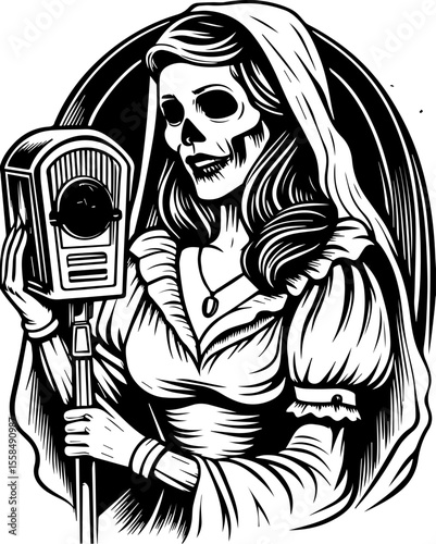 SVG of a female grim reaper with a haunting skull design. Vintage Skeleton Woman in Antique Dress Holding Parking Meter