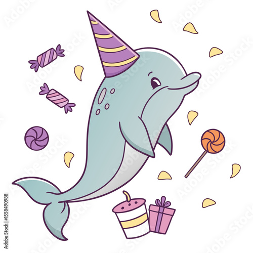 Candy Shop themed SVG: Amused Dolphin with wearing a party hat in a Birthday environment