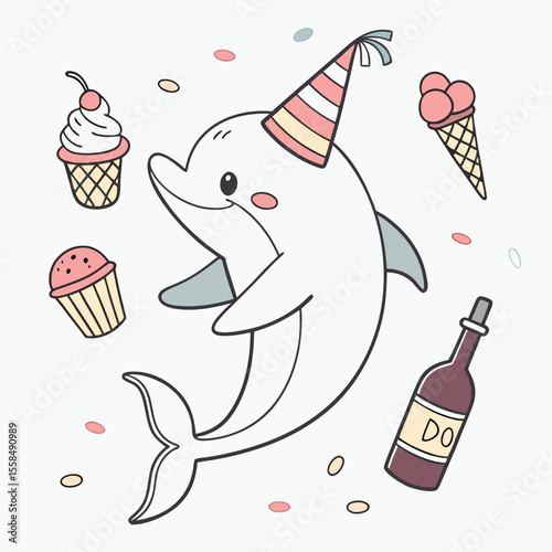SVG art: A Funny Dolphin in a Ice cream party vibe with wearing a party hat, tinted with Scoops & Swirls tones