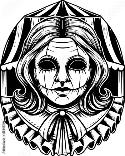 SVG of a female grim reaper with a haunting skull design. Vintage Style Black and White Illustration of Creepy Doll Face