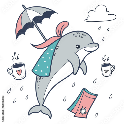 Charming SVG of a Content Dolphin featuring wearing a cape, styled in a Rainy day theme with Raindrop Calm hues