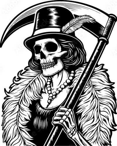 SVG of a female grim reaper with a haunting skull design. Vintage Skeleton with Scythe and Feathered Hat Illustration