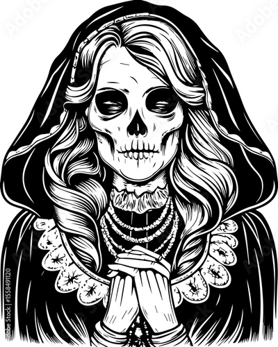 SVG of a female grim reaper with a haunting skull design. Vintage Black and White Illustration of Skull Woman in Headscarf