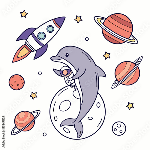 Cosmic Pastels colored Dolphin with a Loving touch, placed in a Space explorer theme and styled with sitting on a moon