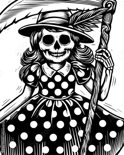 SVG of a female grim reaper with a haunting skull design. Vintage Skeleton Girl in Polka Dot Dress Holding Scythe Design