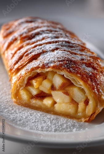 Delicious Golden Apple Strudel with Flaky Pastry and Powdered Sugar on a White Plate, Perfect for Dessert Lovers and Food Enthusiasts