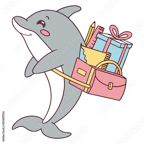 Cute SVG of a Joyful Dolphin in Chalkboard Fun colors, featuring carrying a gift box in a Back to school setting