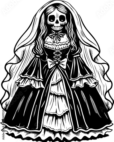SVG of a female grim reaper with a haunting skull design. Vintage Skeleton Bride in Elegant Dress with Veil and Bones