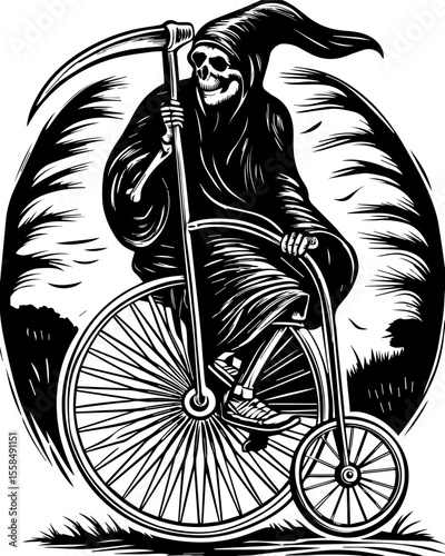 SVG of a female grim reaper with a haunting skull design. Vintage Grim Reaper on Penny-Farthing Bicycle Artwork Design