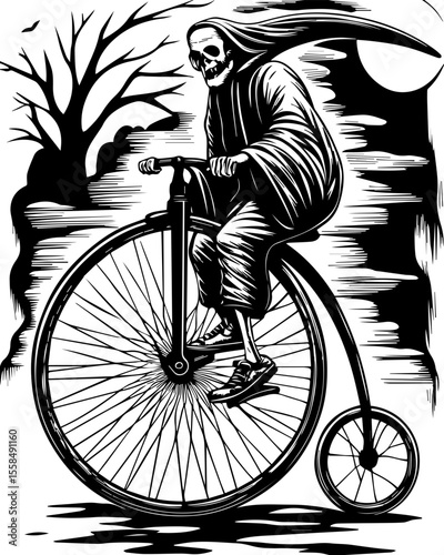 SVG of a female grim reaper with a haunting skull design. Vintage Skeleton Rider on Penny Farthing Bicycle in Dark Scene