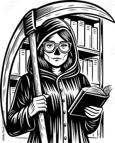 SVG of a female grim reaper with a haunting skull design. Vintage Style Illustration of Figure with Scythe and Book