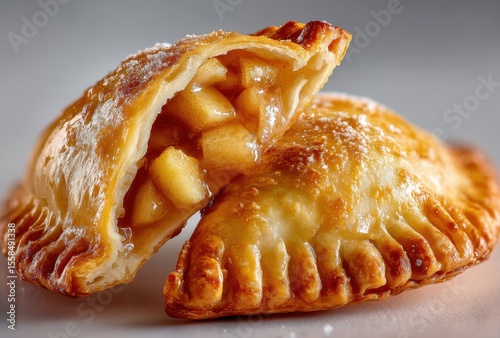 Delicious golden baked pastry with apple filling, lightly dusted with powdered sugar, showcasing a flaky crust and warm, sweet interior for culinary delight