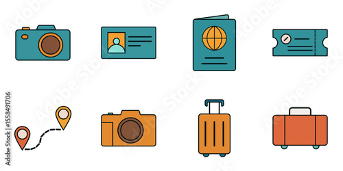 Vacation and journey essentials in colorful flat design including suitcase, travel ID, camera and boarding pass
