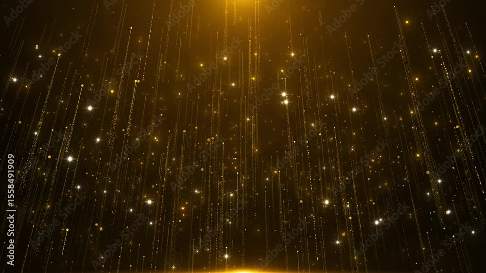 Golden glitter tail particle falling new year Award party stage Christmas festival, award, celebration in air. Merry Christmas Happy New Year. Particles event awards trailer titles cinematic stage 3D