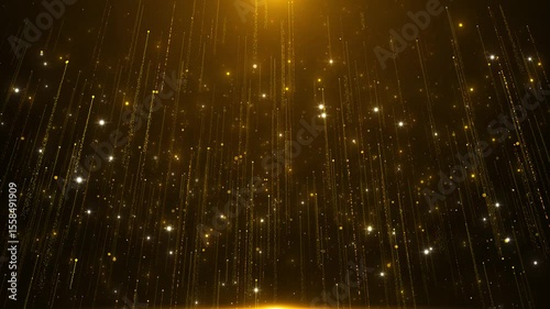 Golden glitter tail particle falling new year Award party stage Christmas festival, award, celebration in air. Merry Christmas Happy New Year. Particles event awards trailer titles cinematic stage 3D