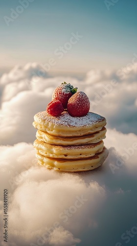 hearty pancake stack breakfast served above clouds.