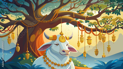 The Bodhi Tree spreads its branches wide under morning mist, leaves rustling softly, golden ornaments hanging from limbs. Nearby, a white sacred cow stands adorned with floral garlands, eyes calm, sym
