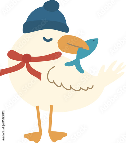 Pelican holding a fish in its beak. The bird is dressed in a red scarf and winter hat, adding a cozy seasonal touch. Vector illustration