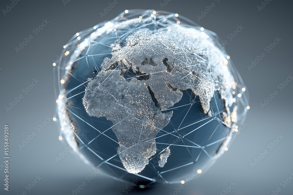 Fototapeta premium A glowing blue globe with connected network lines on white, representing global communication