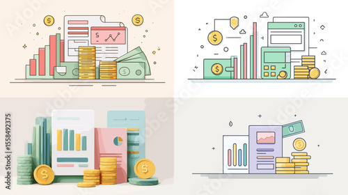 Flat vector illustrations of finance, accounting, and investment concepts with charts, coins, documents, and money. Ideal for business, fintech, and economic content.

