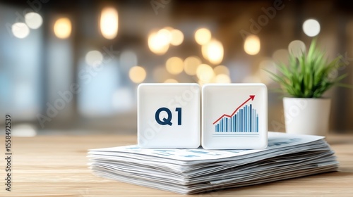 A neatly organized desk with a stack of reports labeled Q1 Financials indicating thorough financial analysis and quarterly business performance reviews. Meticulous financial review