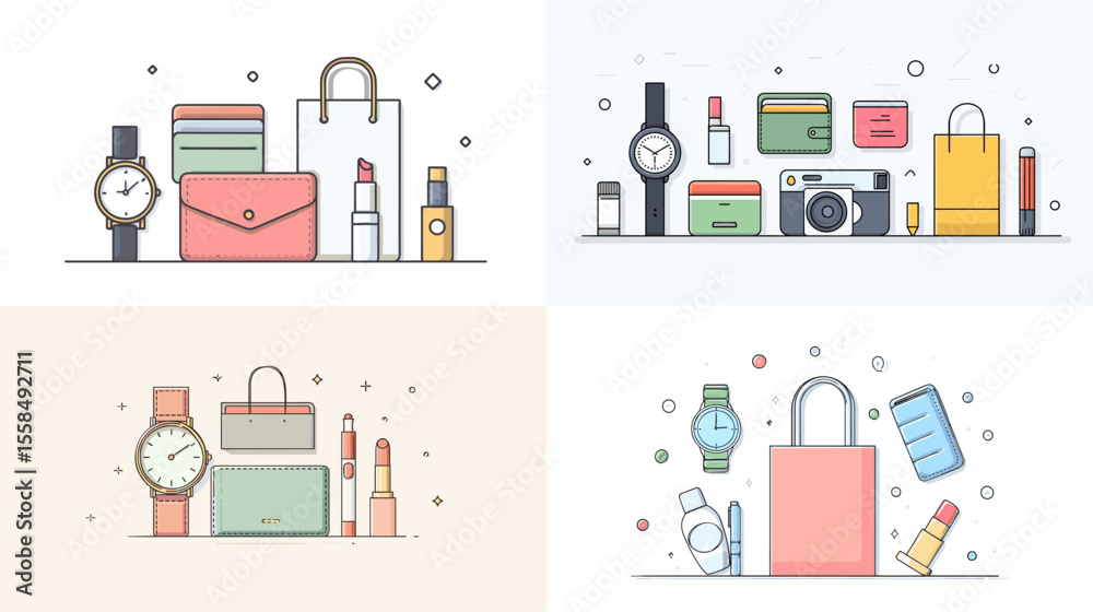 Flat vector illustrations of fashion and shopping essentials including watches, handbags, cosmetics, and shopping bags. Perfect for retail, ecommerce, and lifestyle visuals.
Flat vector illustrations of fashion and shopping essentials including watches, handbags, cosmetics, and shopping bags. Perfect for retail, ecommerce, and lifestyle visuals.