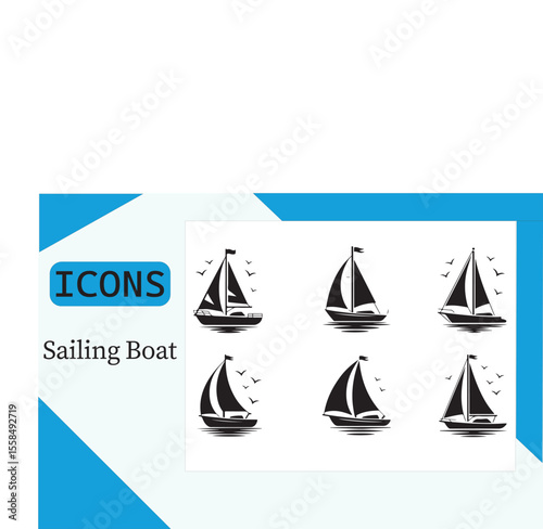 Sailing Boat Icons: A minimalist, artistic representation of sailing boats in various poses, perfect for illustrating concepts related to travel, adventure, and maritime themes.