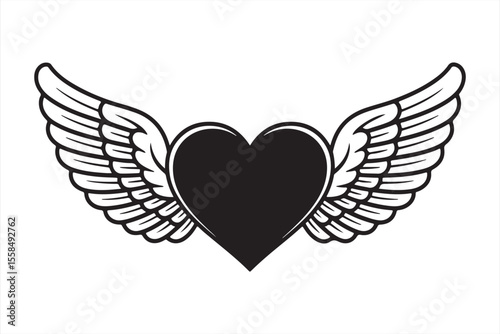 Heart With Wings: A graphic illustration featuring a black heart embellished with meticulously detailed angel wings, conveying themes of love, freedom, and the pursuit of elevated aspirations.
