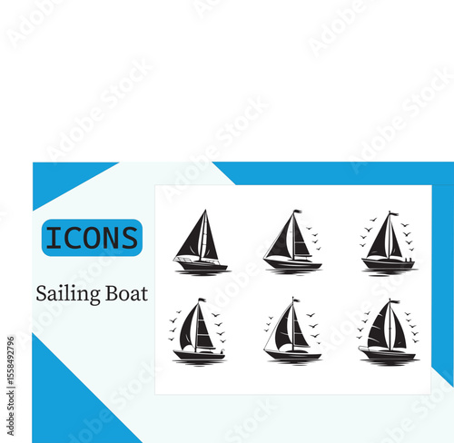 Sailing Boat Icons: A collection of six sleek sailing boat icons, perfect for nautical themed designs.  Each icon showcases a sailboat with subtle variations, set against a clean background. 