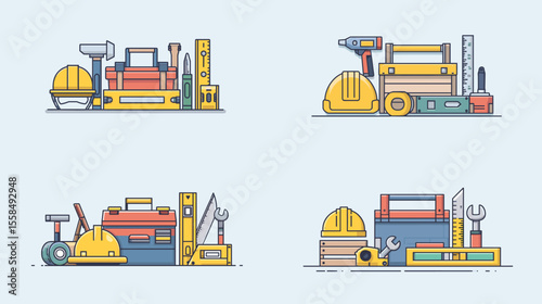 Flat vector illustrations of construction tools including toolboxes, helmets, saws, drills, and measuring tools. Great for engineering, carpentry, and builder service graphics.

