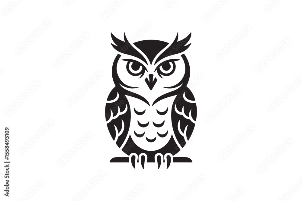 Naklejka premium Wise Owl Emblem: A simple yet captivating black and white emblem of an owl, perfectly embodying knowledge and wisdom, suitable for a variety of design purposes.