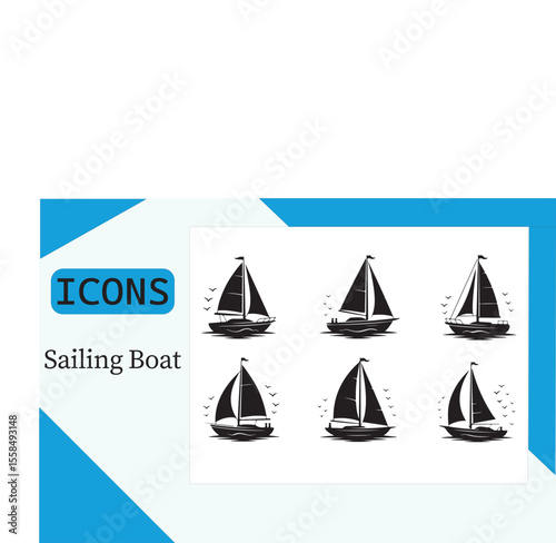 Sailing Boat Icons: A collection of vector illustrations showcases various stylized sailing boats. This nautical-themed graphic is ideal for design projects or adding maritime charm.