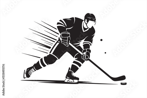 Action Shot: A dynamic vector graphic captures the essence of ice hockey, showcasing a player in full stride, expertly maneuvering the puck with a perfect blend of athleticism and precision. 