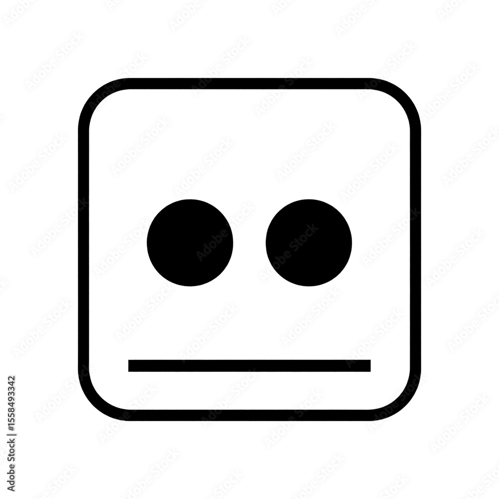Simple Neutral Face Icon: A minimalist square icon featuring two simple black dots for eyes and a straight line for a mouth, conveying a neutral or expressionless emotion. Simple Neutral Face Icon: A minimalist square icon featuring two simple black dots for eyes and a straight line for a mouth, conveying a neutral or expressionless emotion.